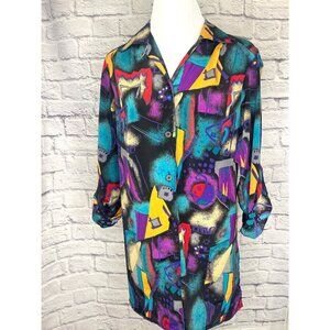 Notations Vintage Retro Art Deco Funky Fun Abstract Print Bright Button Down Tun